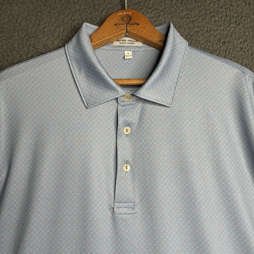 Peter Millar Men's Golf Club Blue Polo Mens Large Lightweight Geometric